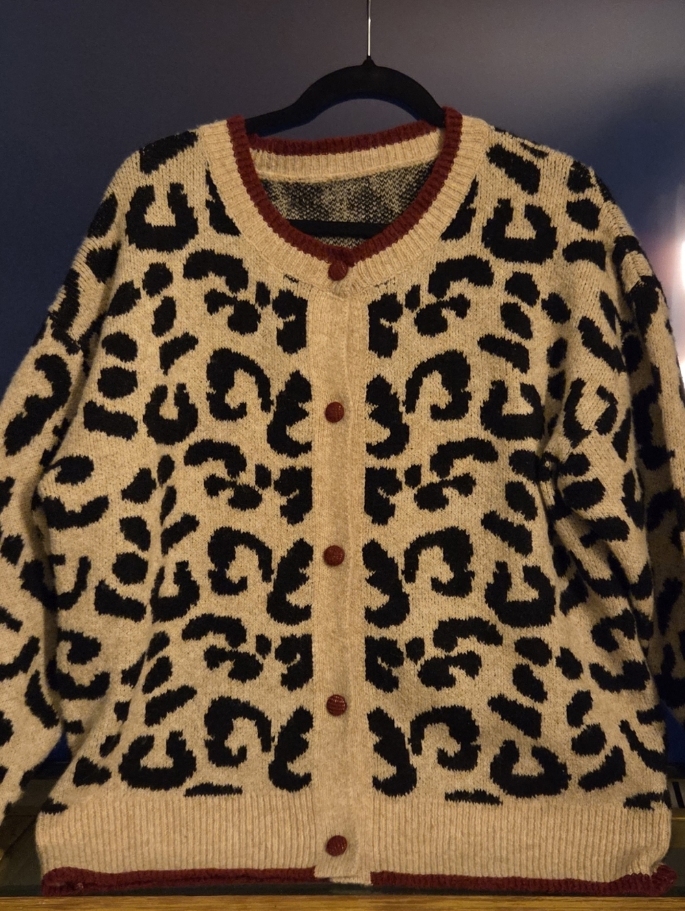 Leopard Print Button-Front Cardigan Sweater - Cream/Black With Maroon Trim XL